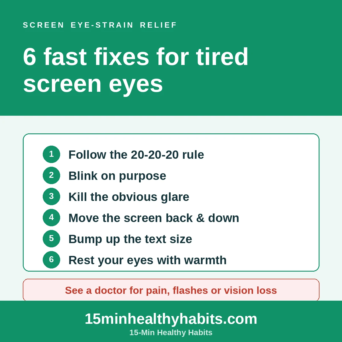 Six screen-work comfort reminders: use 20-20-20 breaks, blink, reduce glare, adjust monitor distance and height, enlarge text, and pause away from the screen.